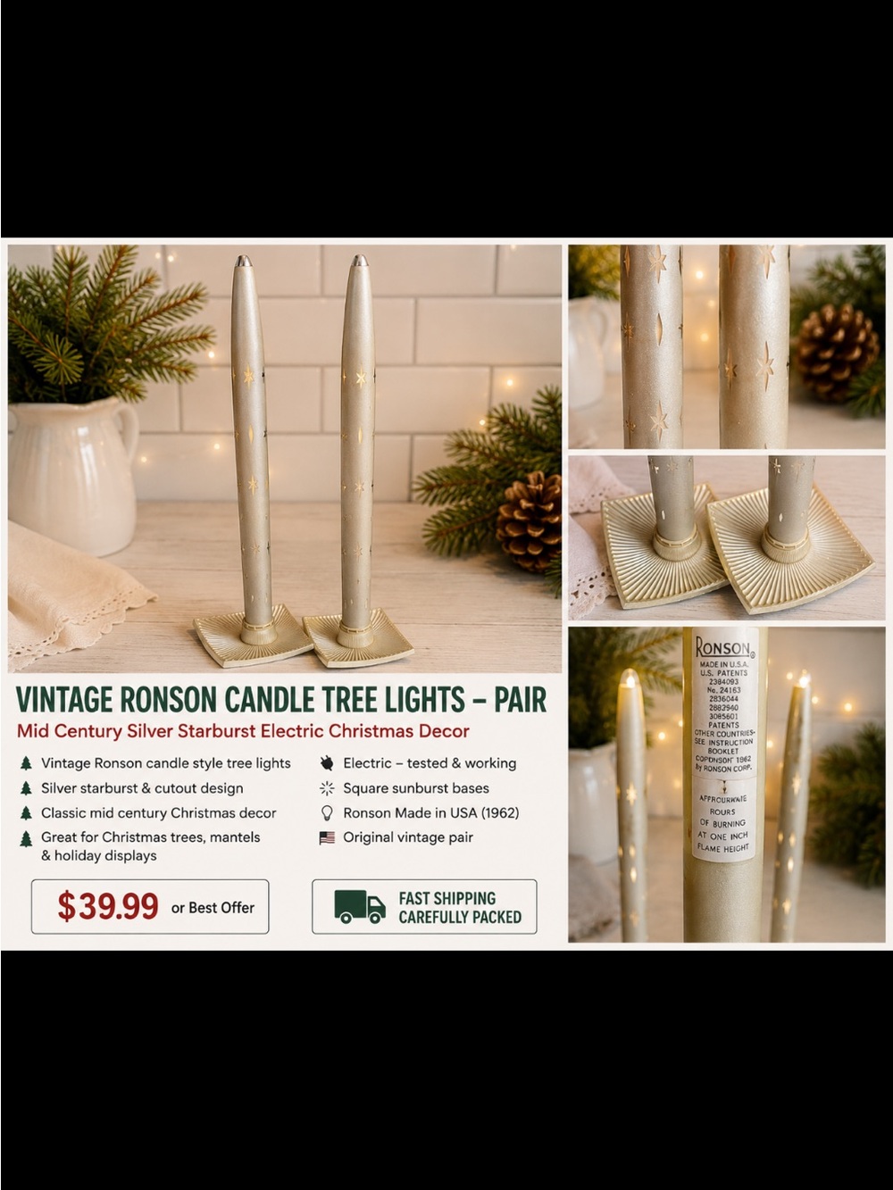 Vintage Silver Starburst Candle Tree Lights - Pair